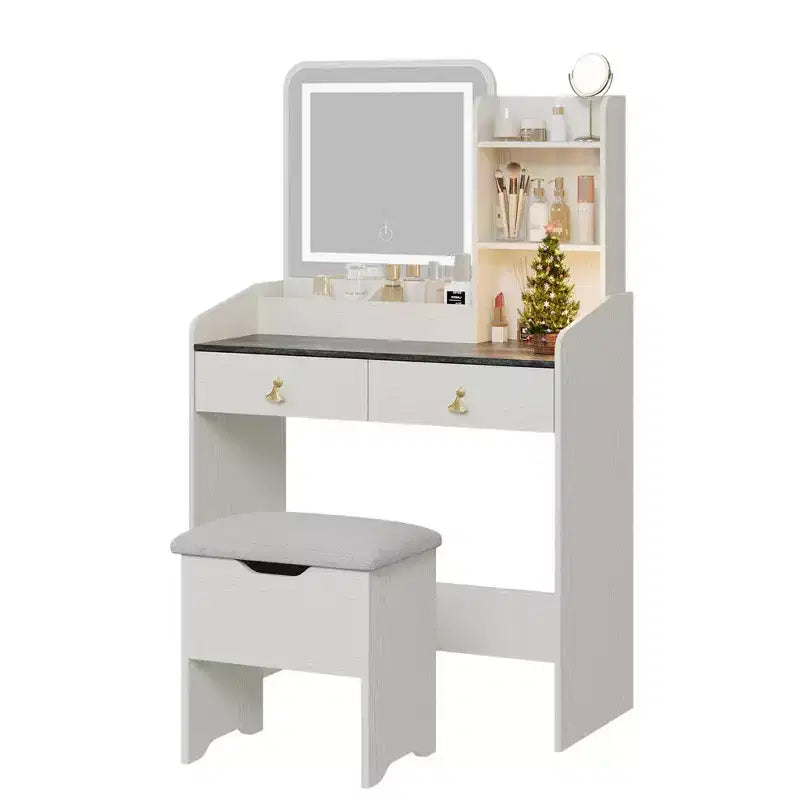 GustoWave, Coiffeuse avec miroir lumineux LED et station de recharge, Petite coiffeuse de maquillage avec 2 tiroirs et tabouret de rangement