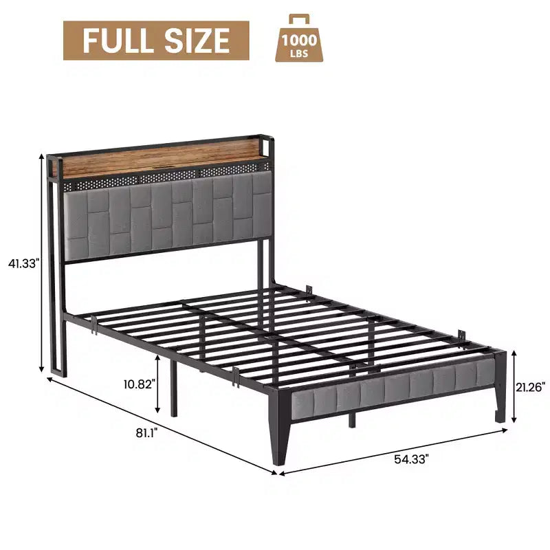 Cadre de lit CuisinSmart avec tête de lit de rangement, cadre de lit plateforme LED avec station de chargement, pas besoin de sommier, montage facile, gris