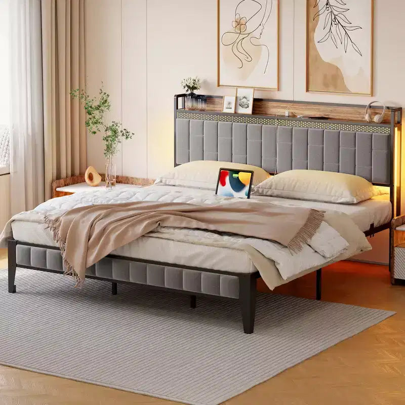 Cadre de lit CuisinSmart avec tête de lit de rangement, cadre de lit plateforme LED avec station de chargement, pas besoin de sommier, montage facile, gris