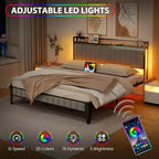 Cadre de lit CuisinSmart avec tête de lit de rangement, cadre de lit plateforme LED avec station de chargement, pas besoin de sommier, montage facile, gris