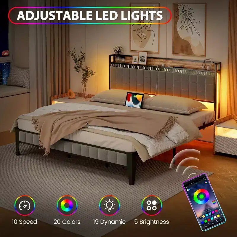 Cadre de lit CuisinSmart avec tête de lit de rangement, cadre de lit plateforme LED avec station de chargement, pas besoin de sommier, montage facile, gris