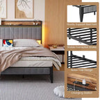 Cadre de lit CuisinSmart avec tête de lit de rangement, cadre de lit plateforme LED avec station de chargement, pas besoin de sommier, montage facile, gris