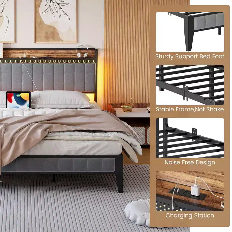 Cadre de lit CuisinSmart avec tête de lit de rangement, cadre de lit plateforme LED avec station de chargement, pas besoin de sommier, montage facile, gris