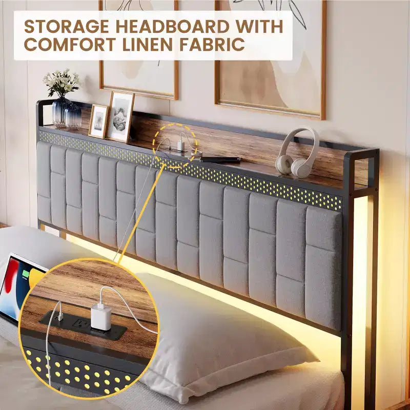 Cadre de lit CuisinSmart avec tête de lit de rangement, cadre de lit plateforme LED avec station de chargement, pas besoin de sommier, montage facile, gris