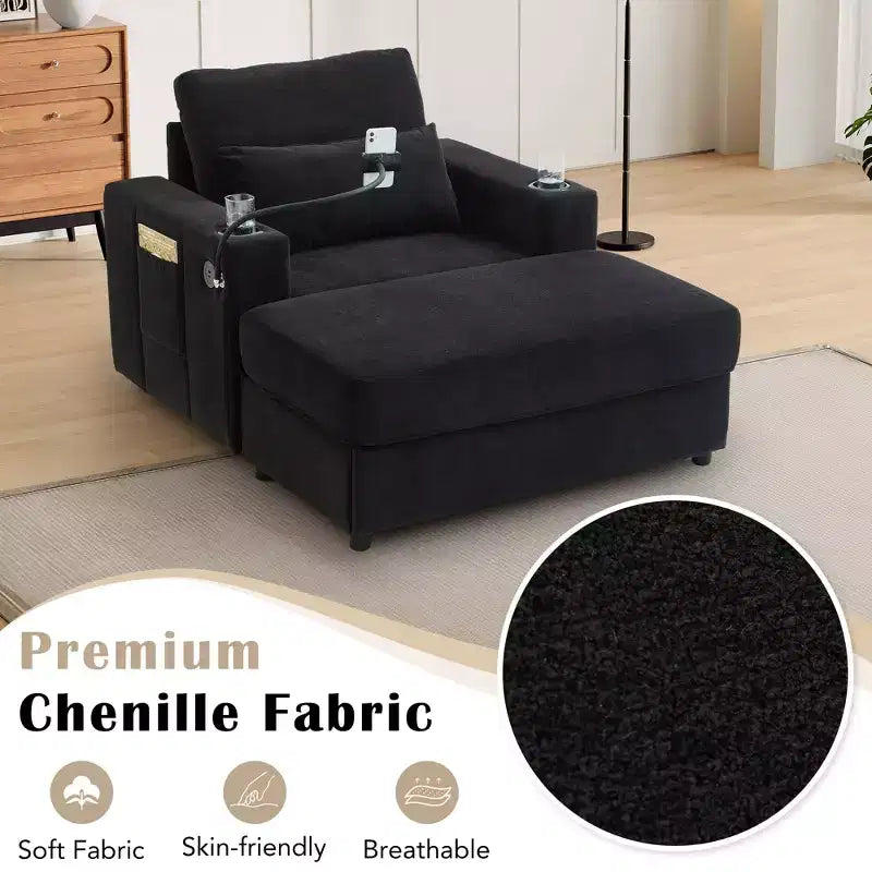 Merax Fauteuil de salon moderne en chenille avec pouf de rangement mobile
