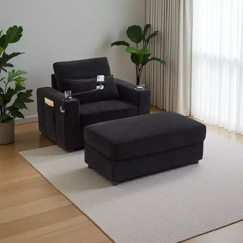 Merax Fauteuil de salon moderne en chenille avec pouf de rangement mobile