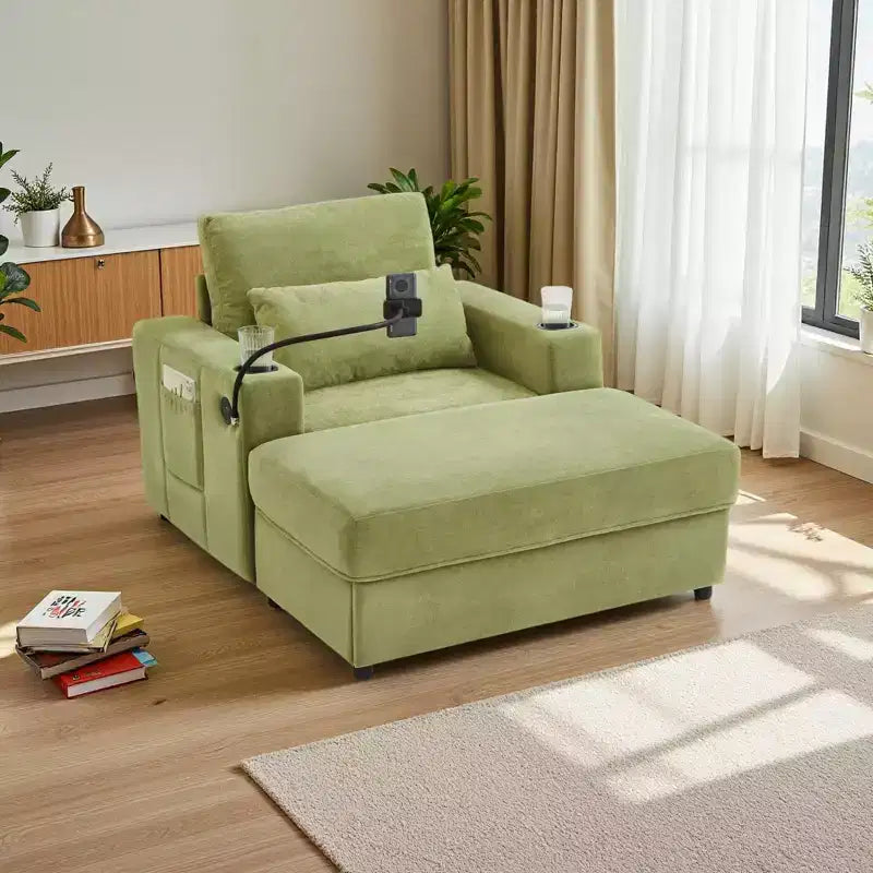 Merax Fauteuil de salon moderne en chenille avec pouf de rangement mobile