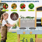Cuisine en boue pour enfants, cuisine de jeu extérieure avec jardinière transparente et 2 pots de fleurs latéraux, étagères de rangement, cuisinière d'imitation, cadeau idéal pour les enfants de 3 à 8 ans