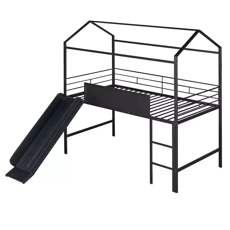 Lit cabane en métal avec toboggan, lit mezzanine en métal taille double avec tableau en bois inscriptible sur deux côtés (noir)