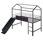 Lit cabane en métal avec toboggan, lit mezzanine en métal taille double avec tableau en bois inscriptible sur deux côtés (noir)