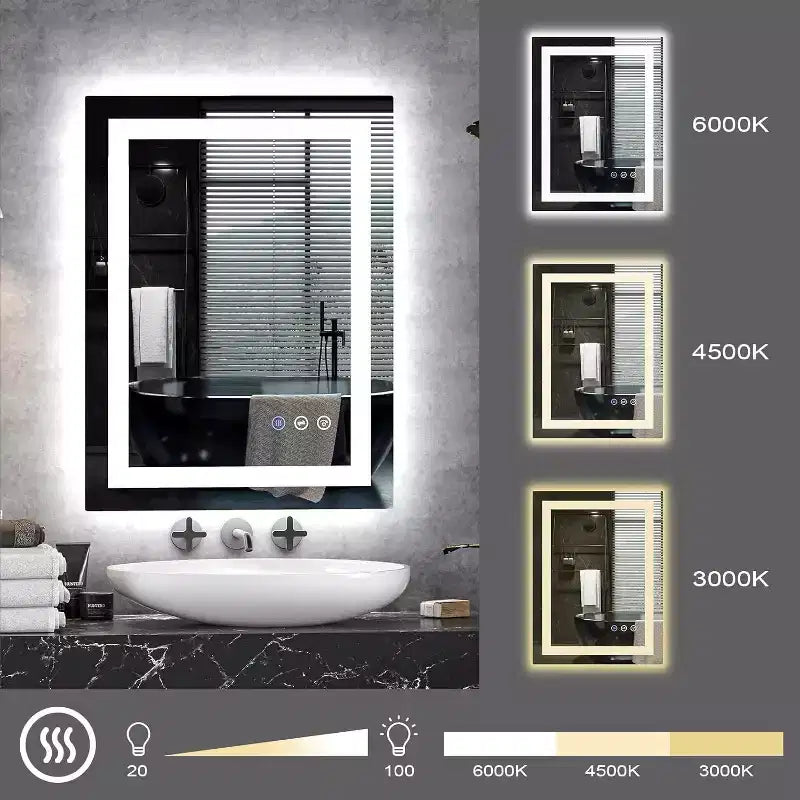 Miroir de salle de bain LED 24x32 pouces, cadre noir avec éclairage avant/arrière, 3 températures de couleur, anti-buée, miroir de courtoisie mural