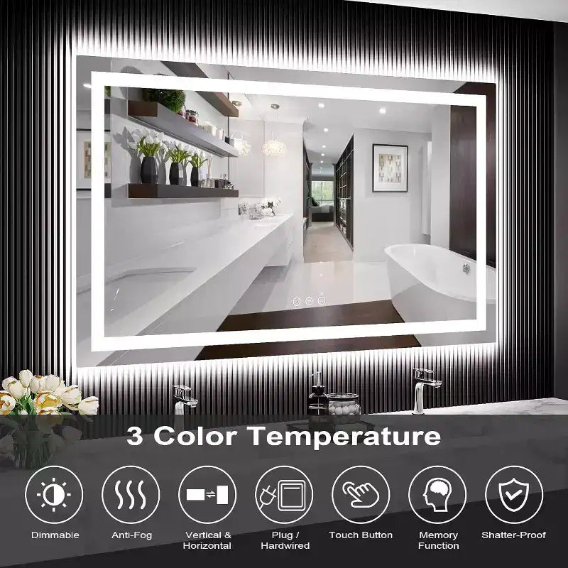 Miroir de Salle de Bain LED avec Lumières, Miroir de Maquillage Éclairage Avant et Arrière, Intensité Variable en Continu, Anti-Buée, 4 Températures de Couleur, Conception Anti-Éclats