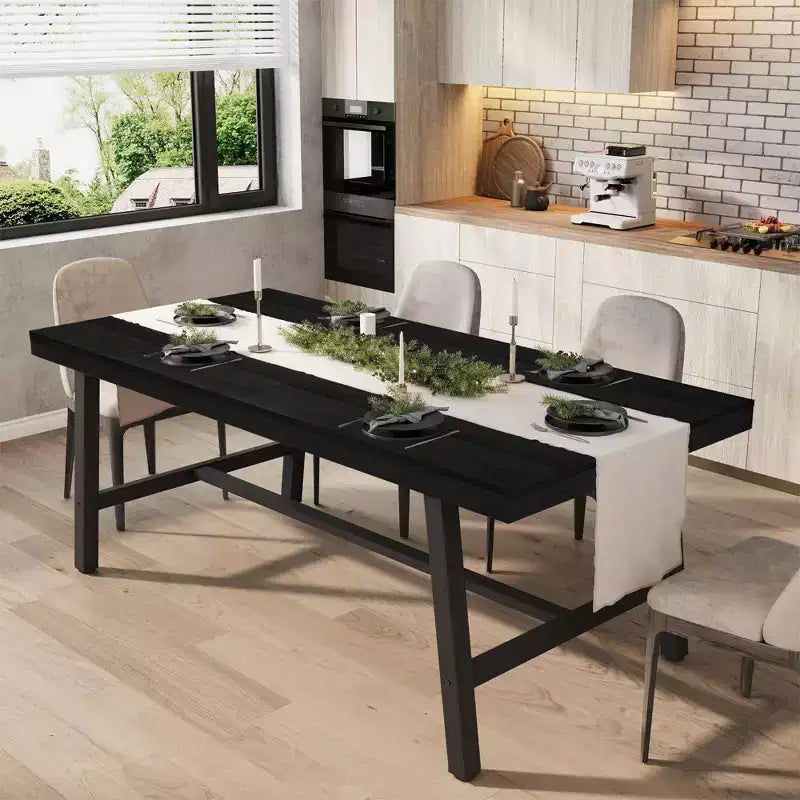 Industrial Dining Table for 6-8 People, 70.87 Long Wooden Kitchen Table with Sturdy Metal Frame & Black Finish-Seats 6 Rectangular Counter for Dinner