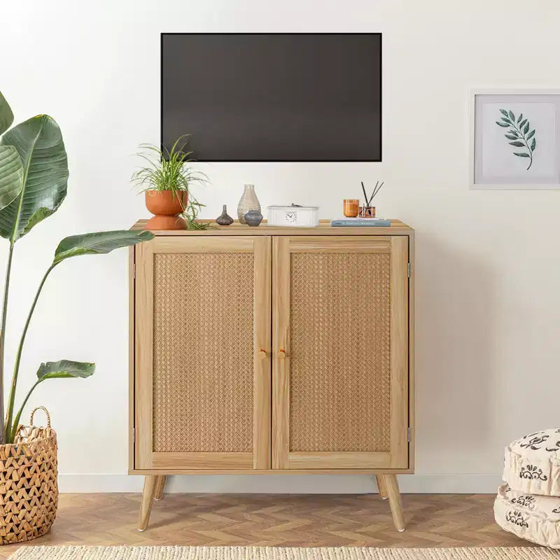 Buffet en rotin avec rangement, étagères réglables, pieds en bois, meuble de rangement d'entrée, pour salle à manger, couloir, entrée