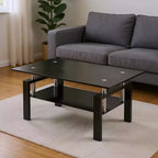 Table basse HomeRoots 39 po noire en verre et acier avec étagère