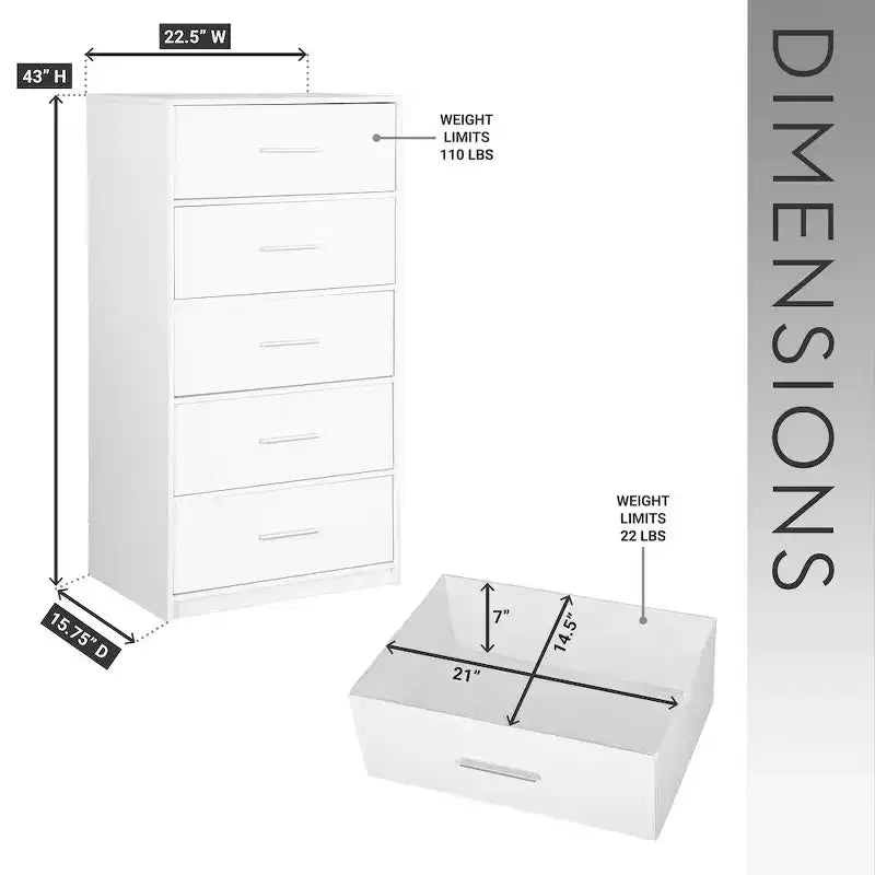 Techni Home, commode à 5 tiroirs avec grands tiroirs en tissu