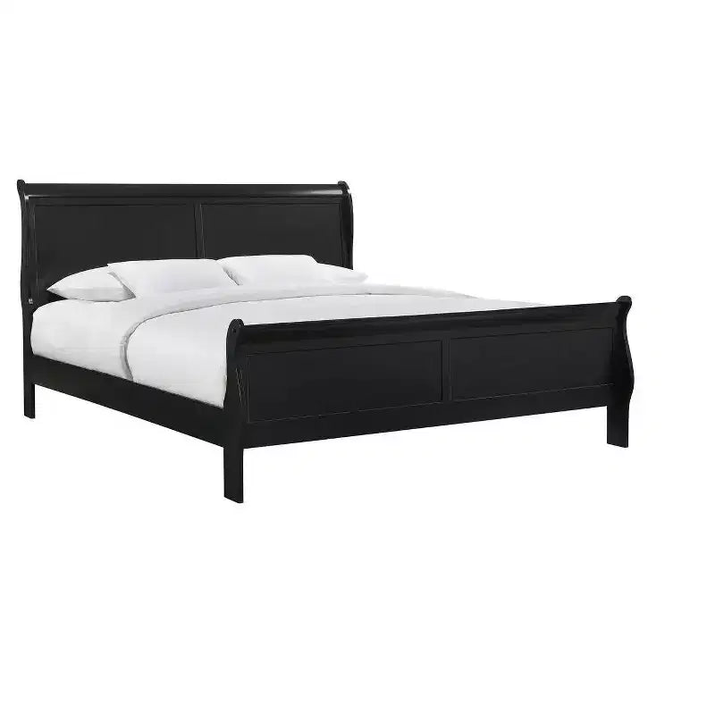 Okak 80 Grand lit traîneau en bois massif avec tête et pied de lit, design bas et sûr pour chambre d'enfant, noir