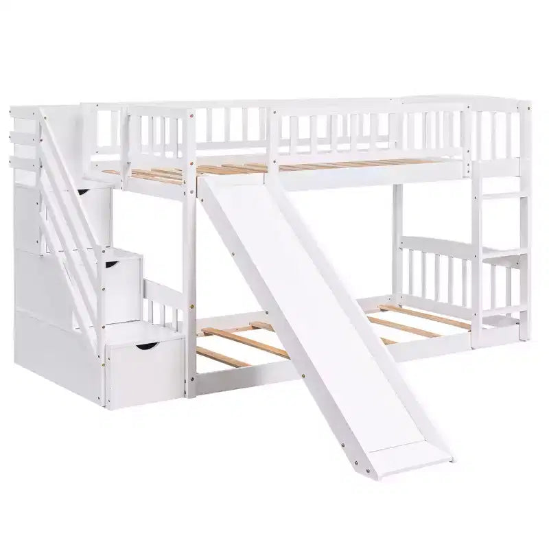 Lit superposé escalier deux places avec deux tiroirs et toboggan, blanc