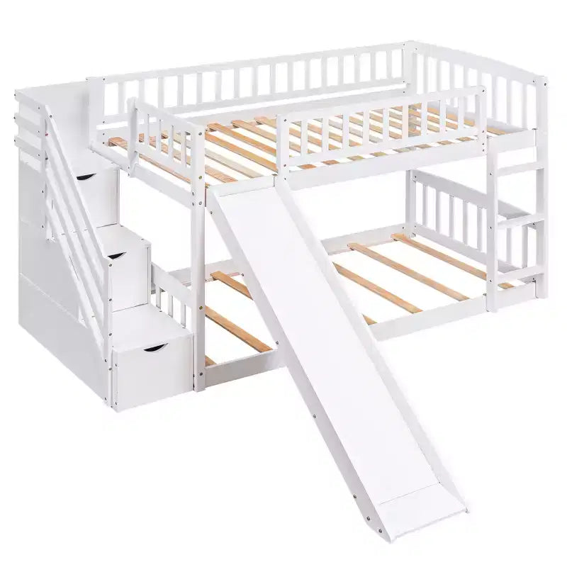 Lit superposé escalier deux places avec deux tiroirs et toboggan, blanc