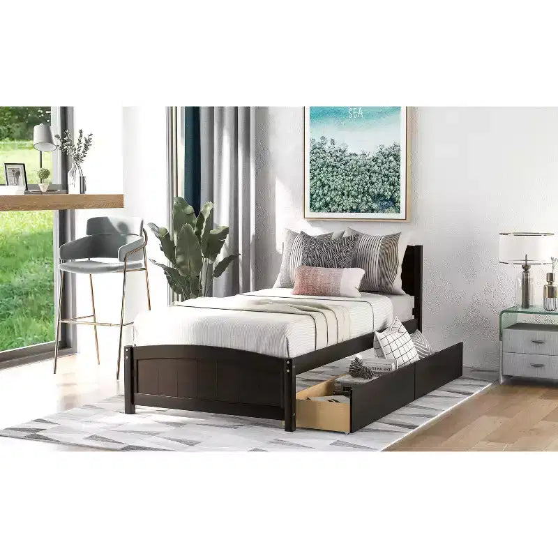 Lit plate-forme blanc double avec deux tiroirs, design moderne, espace de rangement supplémentaire