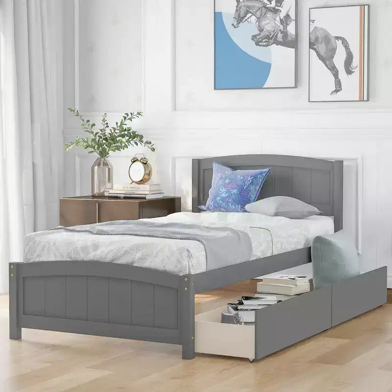 Lit plate-forme blanc double avec deux tiroirs, design moderne, espace de rangement supplémentaire