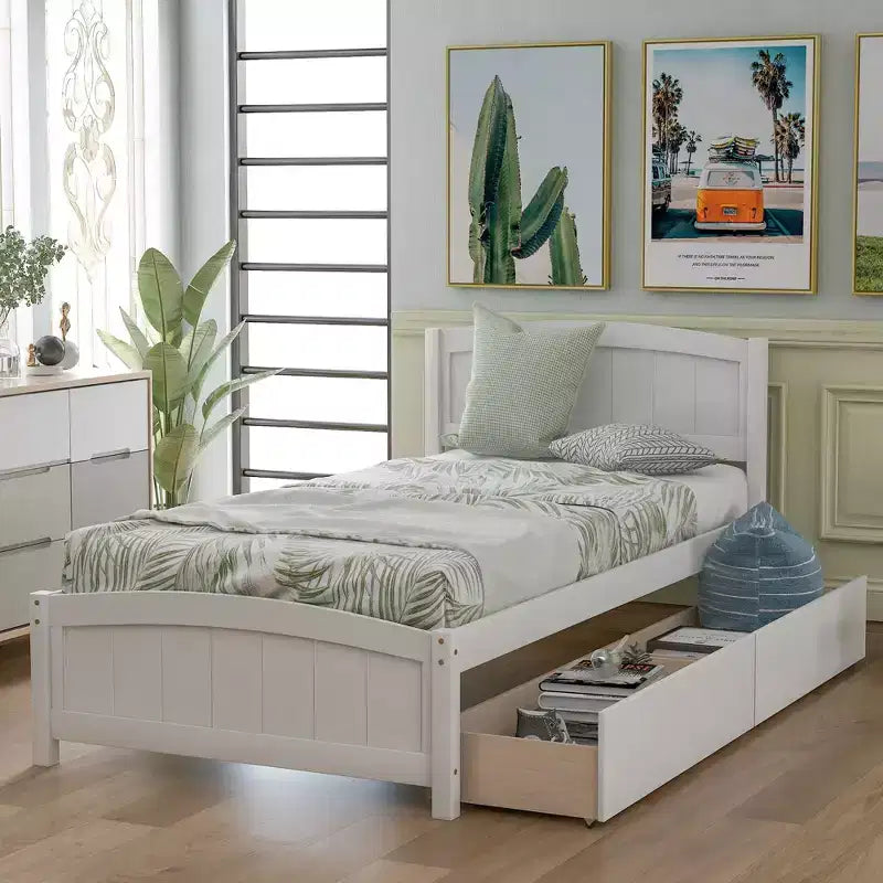 Twin size white platform bed with two drawers modern design extra storage space