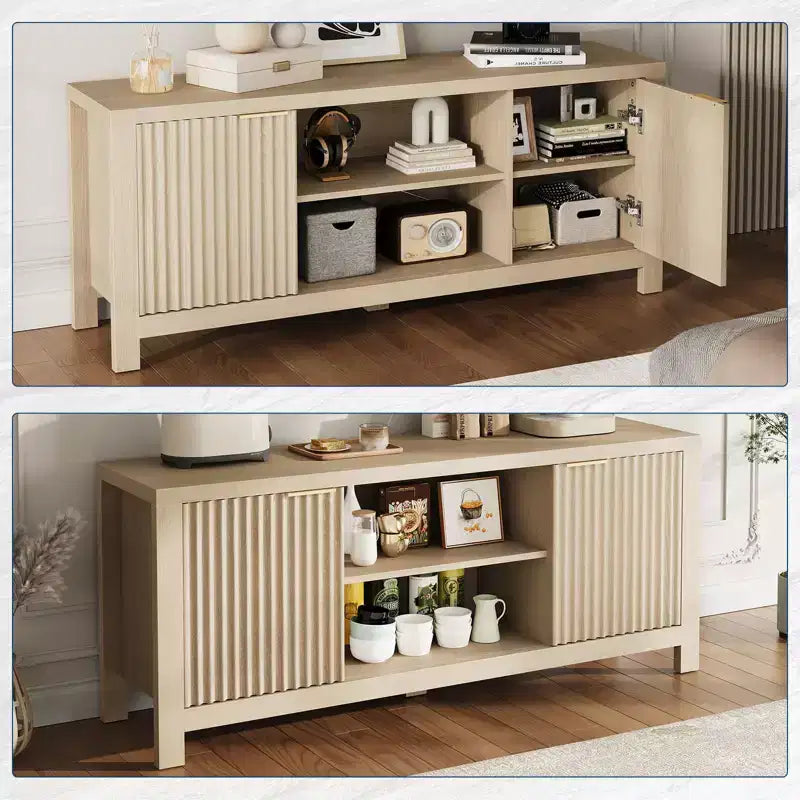 Meuble TV pour Téléviseur 65 Pouces, Meuble TV Robuste avec 2 Armoires et Étagères Ouvertes, Console TV Média, Meuble Console TV et Média en Bois