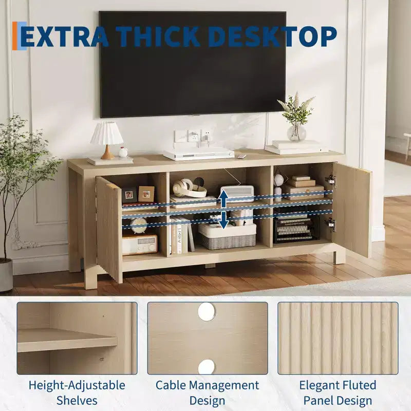 Meuble TV pour Téléviseur 65 Pouces, Meuble TV Robuste avec 2 Armoires et Étagères Ouvertes, Console TV Média, Meuble Console TV et Média en Bois