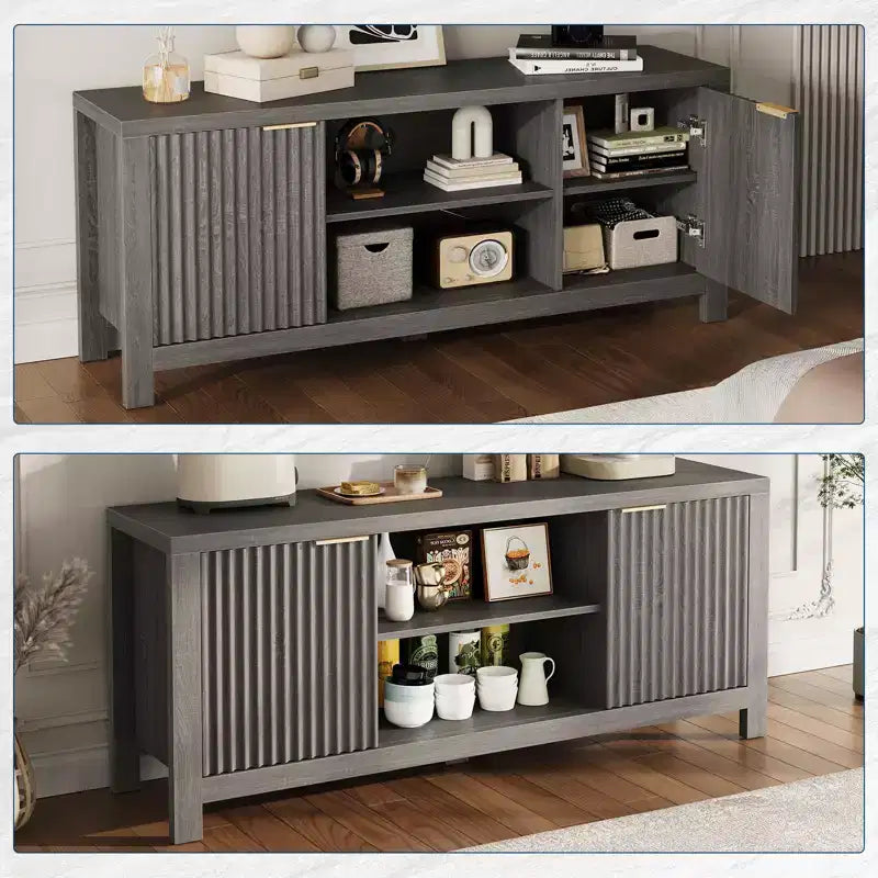 Meuble TV pour Téléviseur 65 Pouces, Meuble TV Robuste avec 2 Armoires et Étagères Ouvertes, Console TV Média, Meuble Console TV et Média en Bois