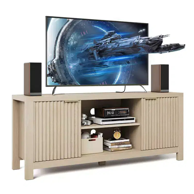 Meuble TV pour Téléviseur 65 Pouces, Meuble TV Robuste avec 2 Armoires et Étagères Ouvertes, Console TV Média, Meuble Console TV et Média en Bois