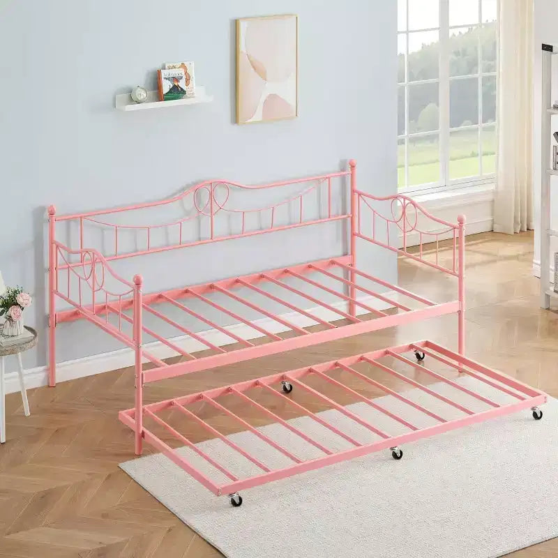 Lit de repos double en métal Acekool avec lit gigogne, lattes en acier robustes, tête de lit, rangement sous le lit, assemblage facile - Blanc