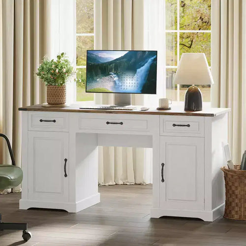 60 Desk with Drawers, Farmhouse Home Office Desk with Storage Cabinets, Wood Workstation Computer Desks for Home, Study, Work