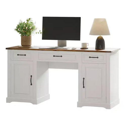 Bureau de 60 pouces avec tiroirs, bureau d'ordinateur de style ferme avec armoires de rangement, postes de travail en bois pour la maison, le bureau et l'étude