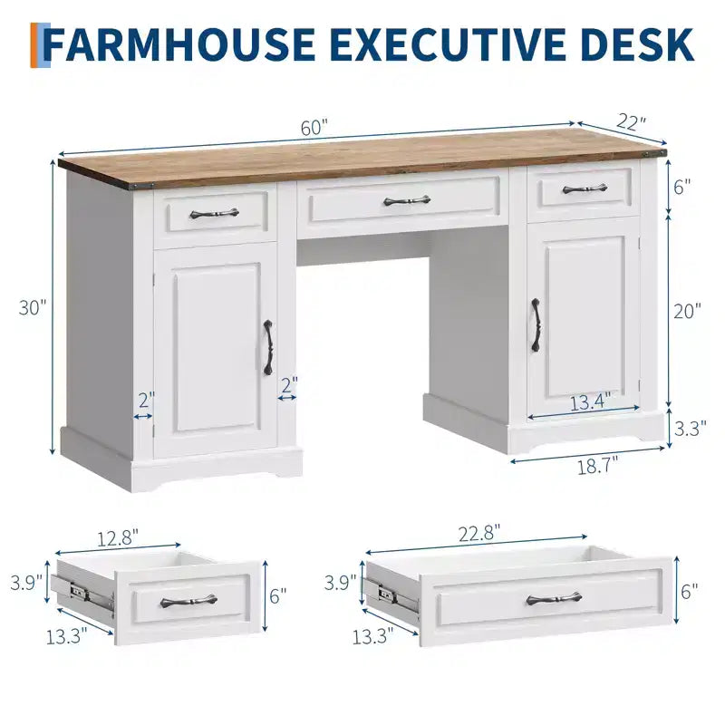 Bureau de 60 pouces avec tiroirs, bureau d'ordinateur de style ferme avec armoires de rangement, postes de travail en bois pour la maison, le bureau et l'étude