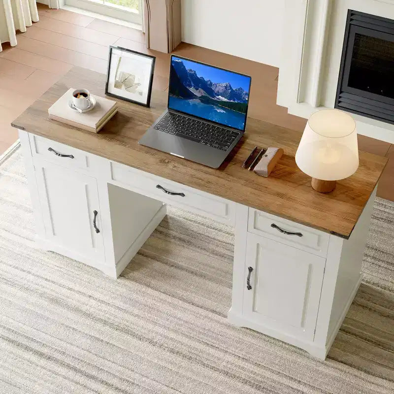 Bureau de 60 pouces avec tiroirs, bureau d'ordinateur de style ferme avec armoires de rangement, postes de travail en bois pour la maison, le bureau et l'étude