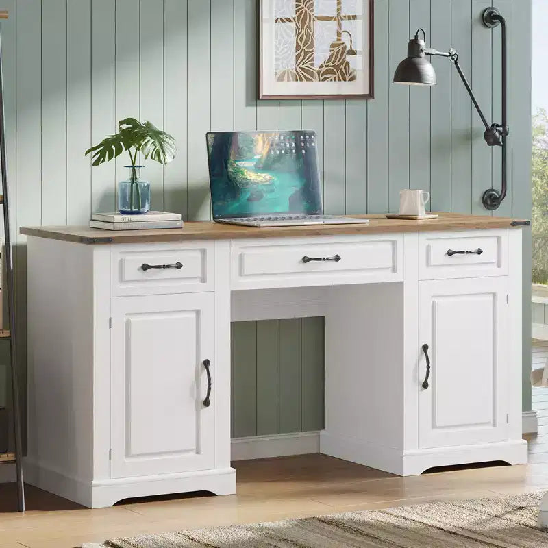 Bureau de 60 pouces avec tiroirs, bureau d'ordinateur de style ferme avec armoires de rangement, postes de travail en bois pour la maison, le bureau et l'étude