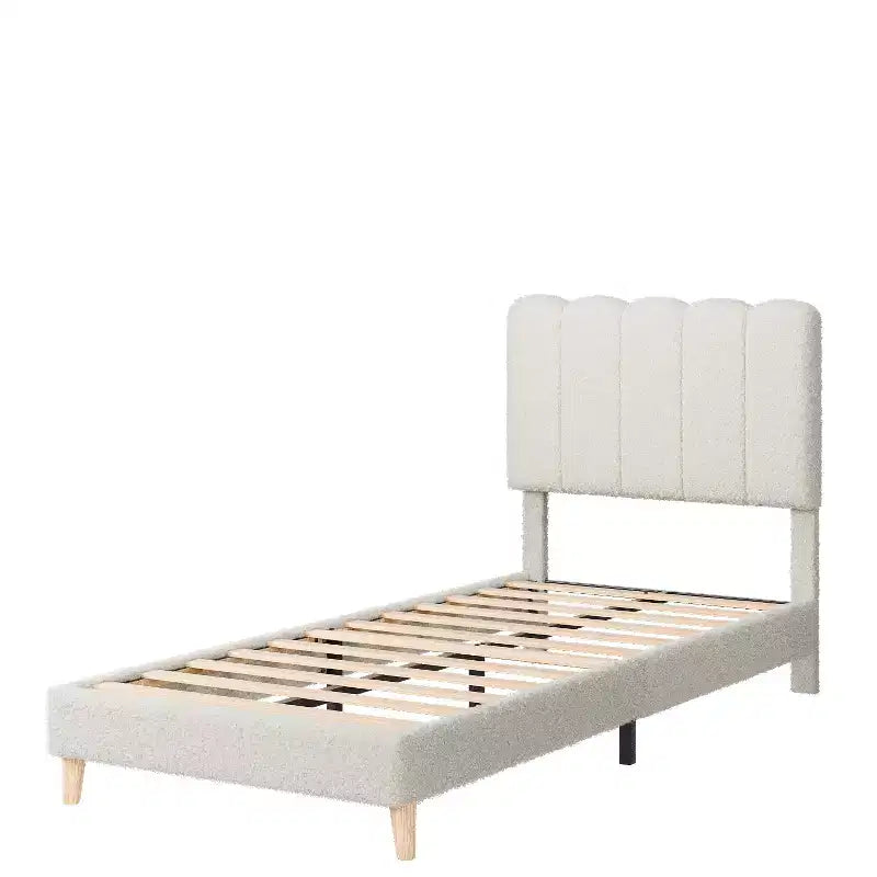 Cadre de lit Twin XL, Lit plateforme rembourré en tissu bouclé avec tête de lit ondulée pour filles/enfants, Montage facile, Sommier à lattes en bois, Pas besoin de sommier tapissier