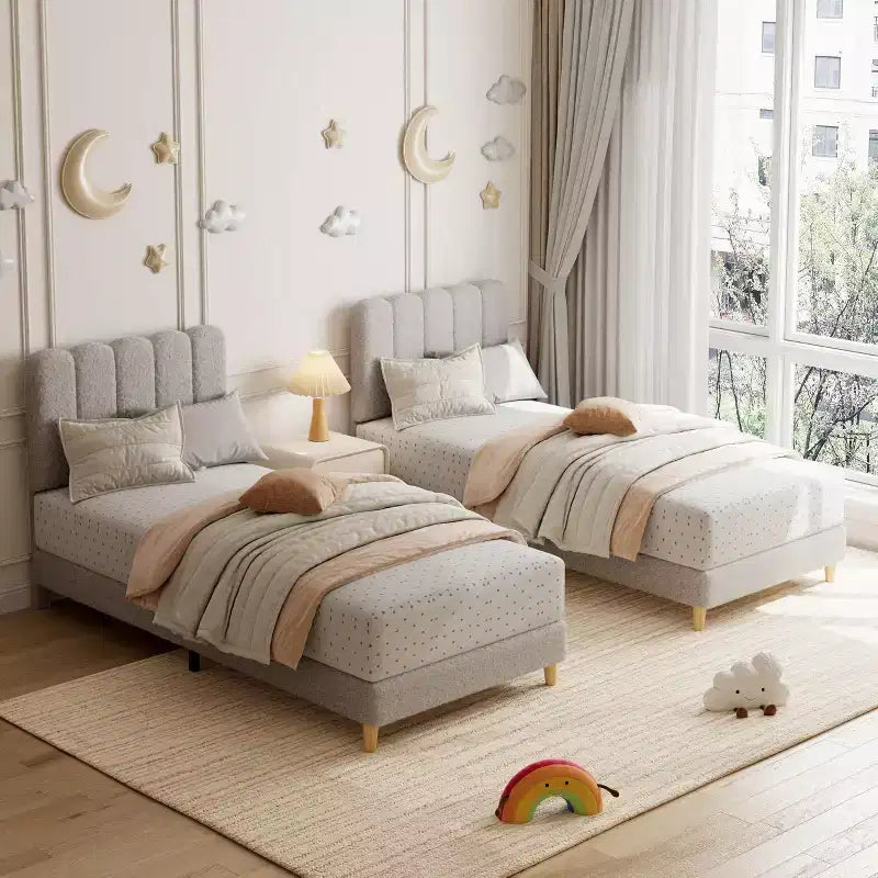 Cadre de lit Twin XL, Lit plateforme rembourré en tissu bouclé avec tête de lit ondulée pour filles/enfants, Montage facile, Sommier à lattes en bois, Pas besoin de sommier tapissier