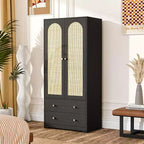 VINGLI Armoires Closet with Doors, Rattan Armoire Wardrobe Closet with Drawers & Hanging Rod, Armoire with Shelves, Wooden Wardrobe