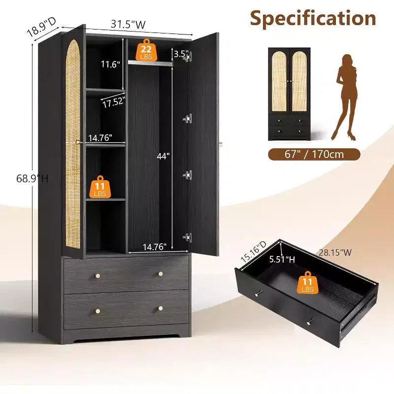 VINGLI Armoire avec Portes, Armoire de Rangement en Rotin avec Tiroirs et Tringle, Armoire avec Étagères, Armoire en Bois