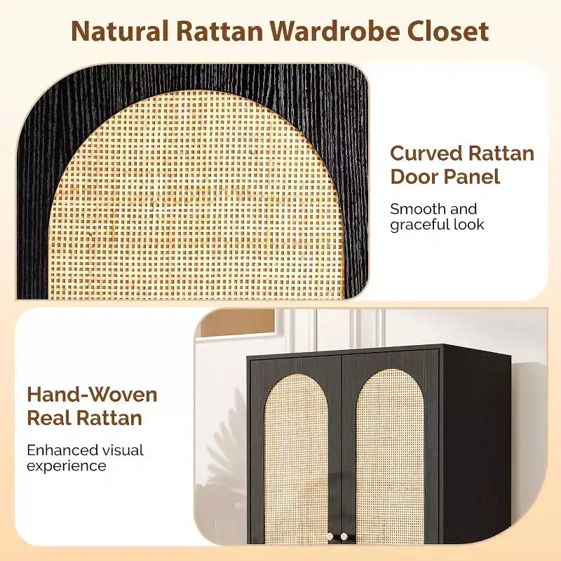 VINGLI Armoire avec Portes, Armoire de Rangement en Rotin avec Tiroirs et Tringle, Armoire avec Étagères, Armoire en Bois