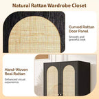 VINGLI Armoire avec Portes, Armoire de Rangement en Rotin avec Tiroirs et Tringle, Armoire avec Étagères, Armoire en Bois