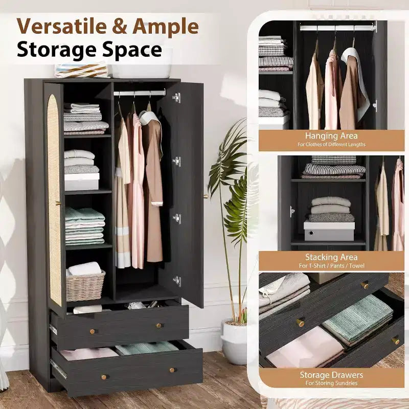 VINGLI Armoire avec Portes, Armoire de Rangement en Rotin avec Tiroirs et Tringle, Armoire avec Étagères, Armoire en Bois