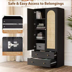 VINGLI Armoire avec Portes, Armoire de Rangement en Rotin avec Tiroirs et Tringle, Armoire avec Étagères, Armoire en Bois