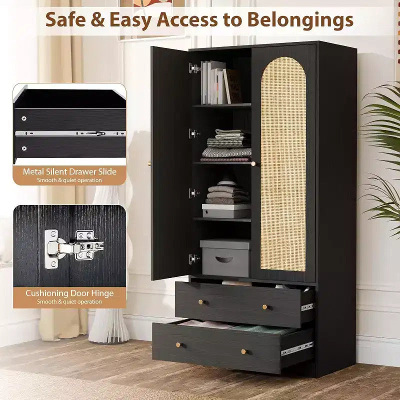 VINGLI Armoire avec Portes, Armoire de Rangement en Rotin avec Tiroirs et Tringle, Armoire avec Étagères, Armoire en Bois