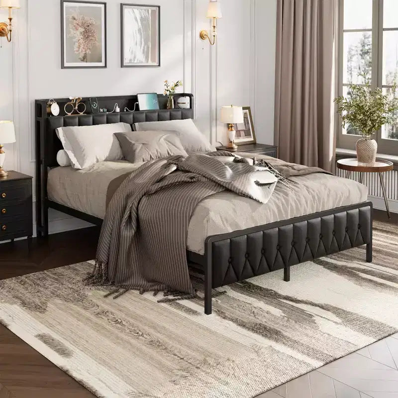 Bed Frame with - PU Faux Leather Button Headboard with Charging Station, Metal Platform with Storage, Noise-Free, No Box Spring Needed, Easy Assembly