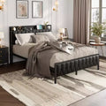 Bed Frame with - PU Faux Leather Button Headboard with Charging Station, Metal Platform with Storage, Noise-Free, No Box Spring Needed, Easy Assembly