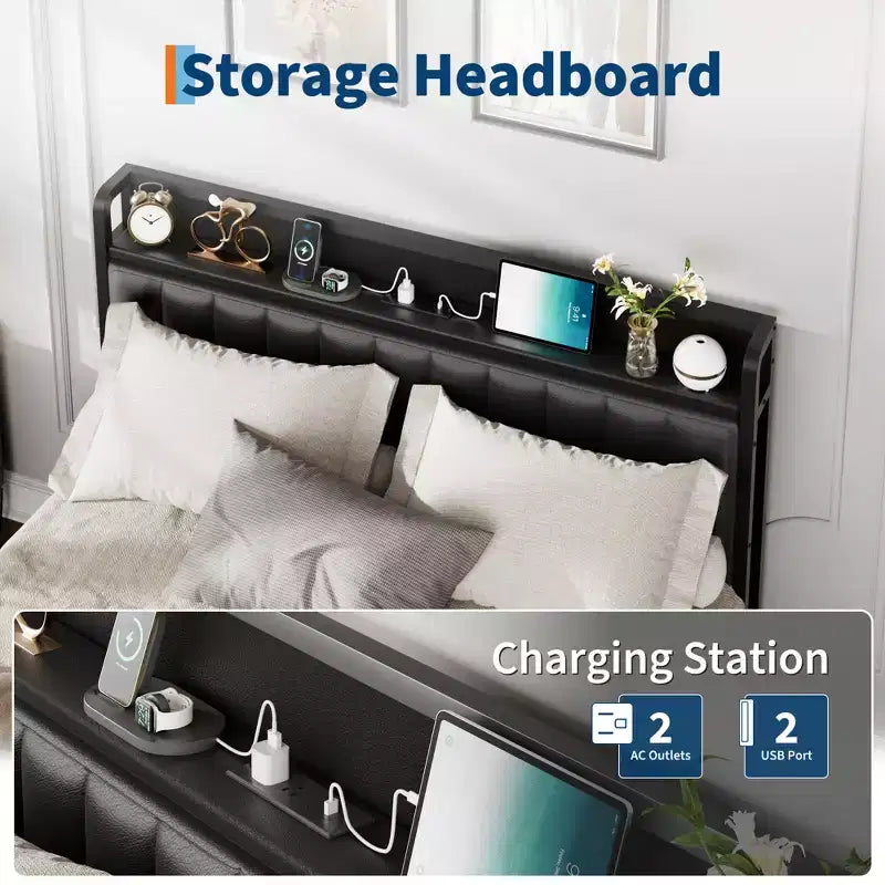 Cadre de lit avec - Tête de lit capitonnée en similicuir PU avec station de charge, plateforme métallique avec rangement, sans bruit, pas besoin de sommier tapissier, montage facile