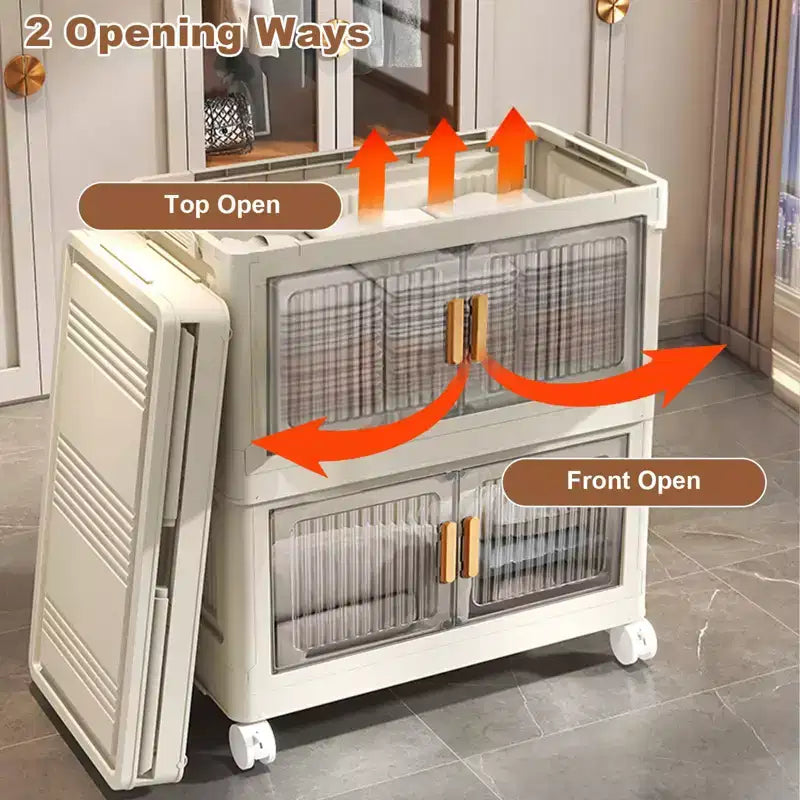 Bacs de rangement en plastique empilables à 4 niveaux, 4 bacs de rangement pliables de 79,5 L avec roues, organisateurs de placard et rangement à double porte