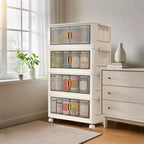 Bacs de rangement en plastique empilables à 4 niveaux, 4 bacs de rangement pliables de 79,5 L avec roues, organisateurs de placard et rangement à double porte